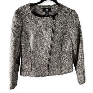 H&M women’s silver metallic tweed asymmetric zip blazer jacket size 8